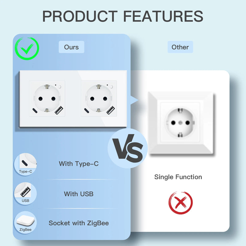 BSEED Zigbee Smart Socket 20W Fast Charge USB Type-C Phone Charge Port Glass Panel Tuya Google Home Alexa Control