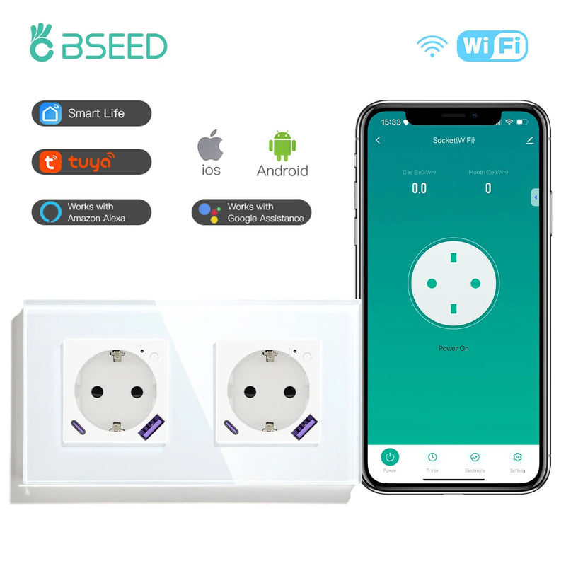 BSEED EU Standard Wifi Smart Socket With 20W USB Type-C Port Power Monitor Timing Function Tuya Alexa Smart Home Control 16A
