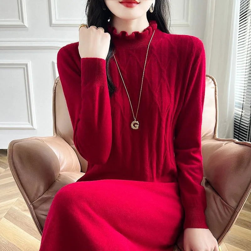 Winter Clothes Woman Half Turtleneck Warm Pullover Tops Spring Autumn Long Dress Fashion Knitwear Woolen Sweater For Women