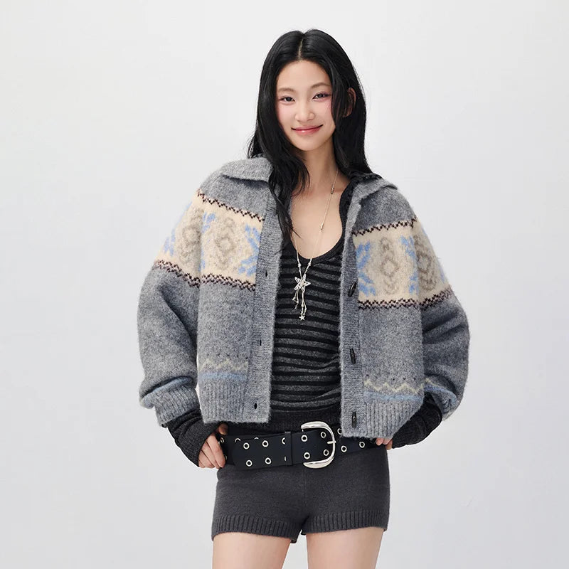 Semir Women Knit Cardigan Geometric Jacquard Loose Fit Raglan Sleeve Vintage Style 2026 New Winter Daily Wear Everyday Wardrobe