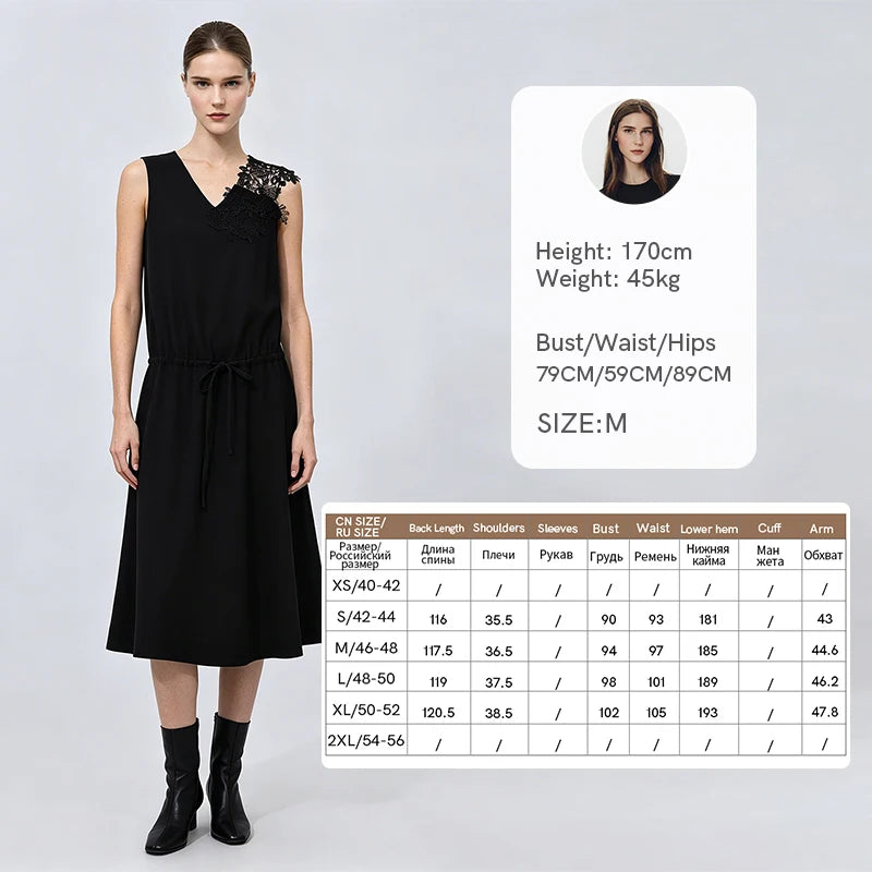 Amii Dress Woman 2026 Summer New V-Neck Drawstring Waist Sleeveless Lace Trim Elegant Office Casual Midi Women's Dress 12642209
