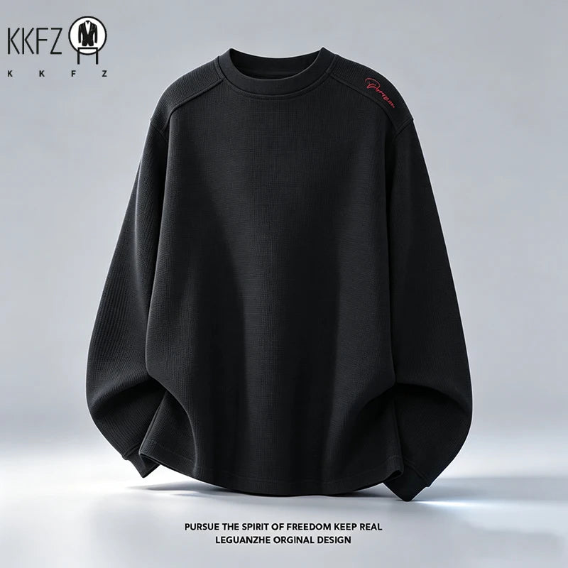 Mens Raglan Sleeve Waffle Crew Neck Top Shoulder Embroidery Detail Loose Cut Soft Fabric Casual Daily Wear