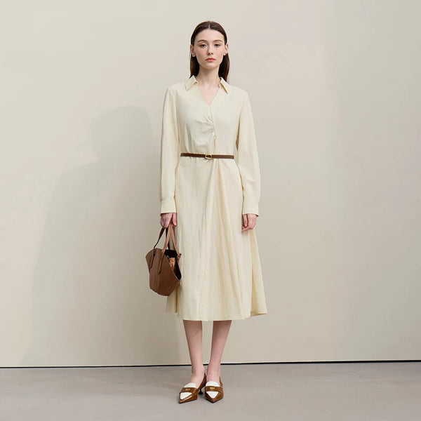 Amii Women's Dresses 2026 Autumn New Holiday Style V-neck Lapel Asymmetrical Pleated Dress Slim A-Line Female Dress 12641049