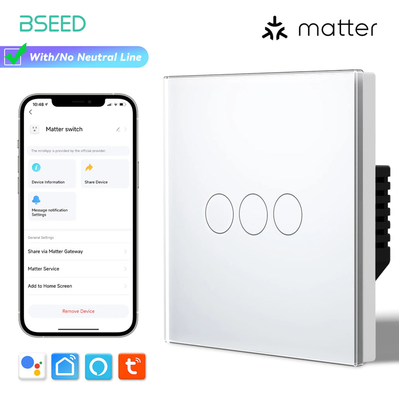 BSEED Matter WIFI Touch Switch 1/2/3Gang Smart Light Switch Support Apple Home Tuya APP Google Assistant Alexa Voice Control