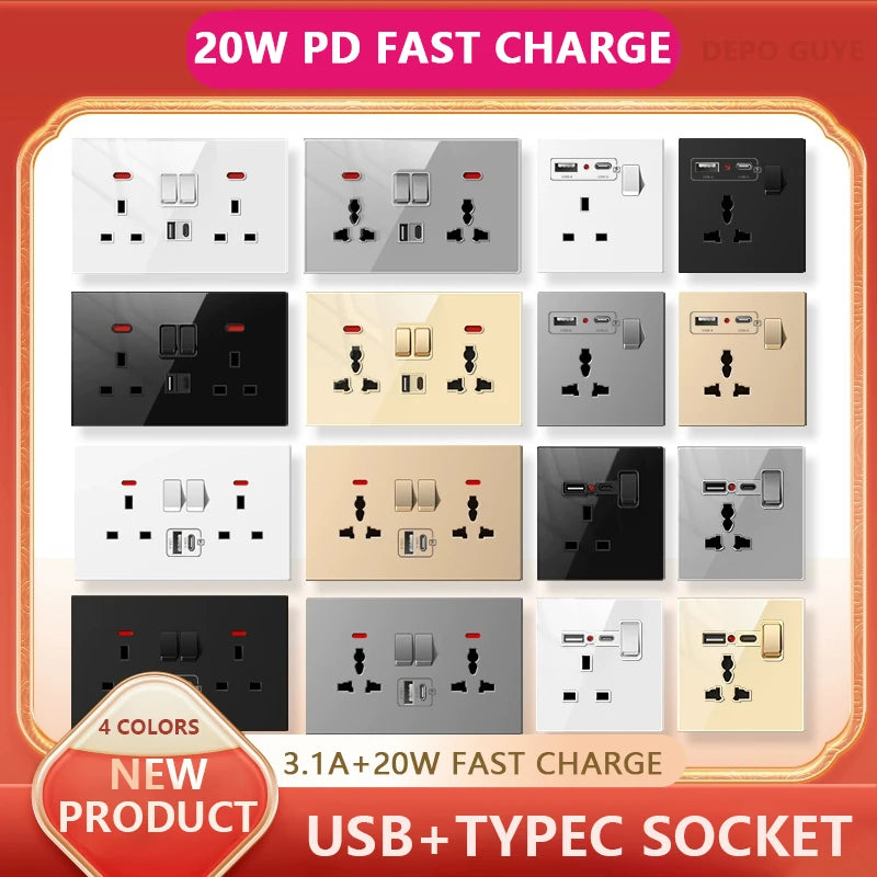 Universal 20W Type-C Wall Quick charge Socket,Dual Switch control Universal Power outlet,White UK Standard USB Interface Socket