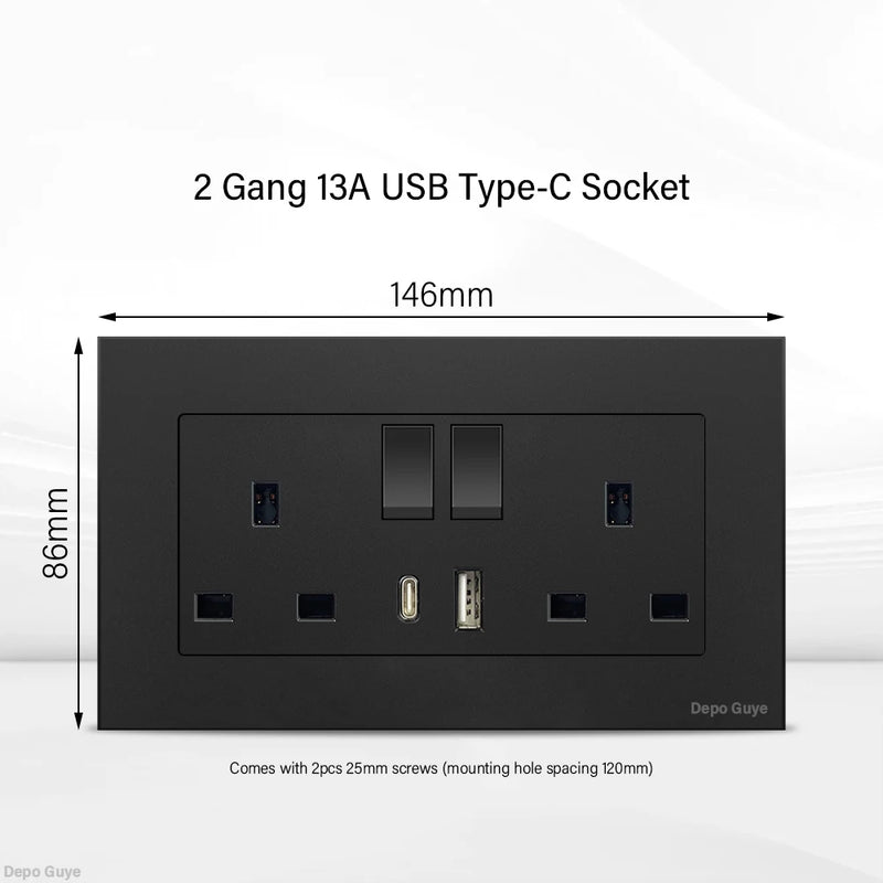 Black UK 13A Wall Socket with USB Type C 18W Quick Charge Plug Socket,Universal Wall power outlet 220V Electrical Light Switch