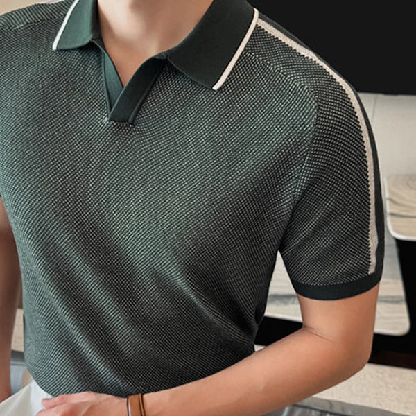 Men's Wing Collar Polo Shirt, Breathable Ice Silk Fabric with Contrast Trim, Casual Short Sleeve Knit Top, Navy Blue