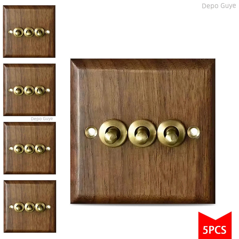 5/10 PCS Retro Europe Black Walnut Wall Toggle  LightSwitch Panel 1-4Gang 2Way Solid Wood,Antique Home Stay Switch