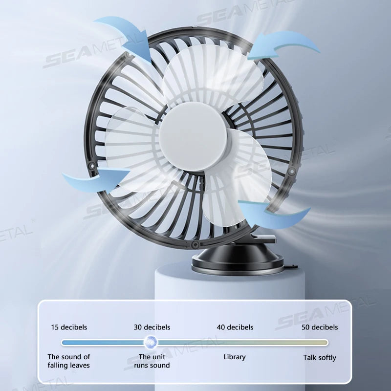 SEAMETAL Suction Cup Car Fan 360° Rotatable USB Interface Low Noise 3-Speed Control Powerful Cooling Fan for Car Home Office
