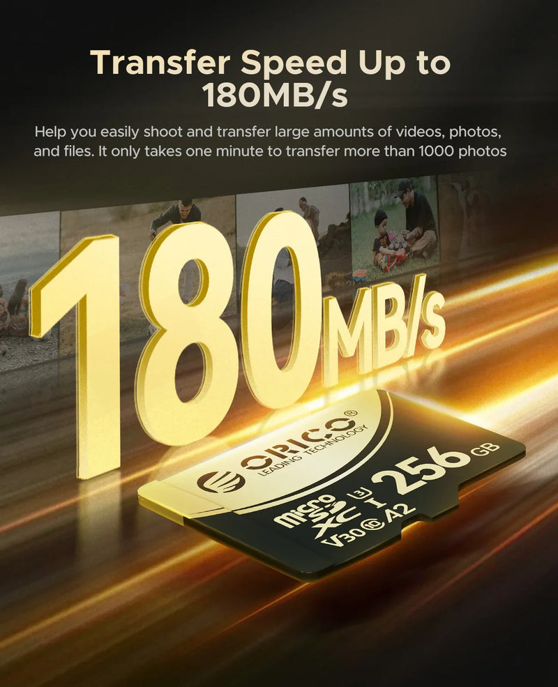 ORICO Micro SD Card TF Memory Card 512GB microSDXC Up to 180 MB/s Full HD and 4K UHD C10, U3, V30, A2, for GoPRO DJI Drone