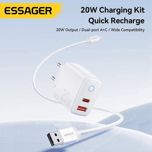 ឧបករណ៍សាកថ្មលឿន Essager PD 20W USB Type C សាកលឿន 4.0 3.0 QC PD សម្រាប់ iPhone 17 16 15 14 13 12 Pro Max ឆ្នាំងសាកទូរស័ព្ទ