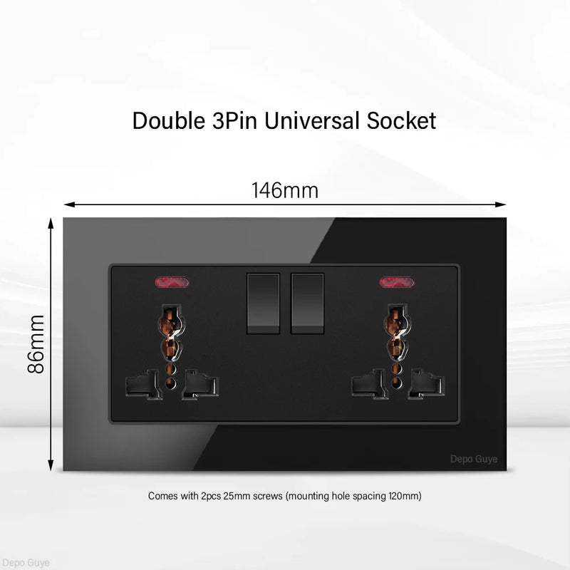 UK Black USB Type-C 18W Fast Charging Socket Universal Tempered Glass  Double 5-pin Power Plug,Home Electrical Wall Light Switch