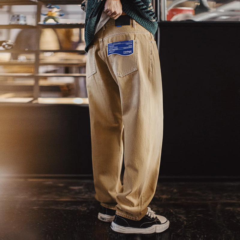 ខោខូវប៊យ Maden ទំហំ 13.8oz លាងសម្អាត Selvedge Denim សម្រាប់បុរស ខោ Khaki Chino ខោរលុងសម្រាប់រដូវផ្ការីក រដូវស្លឹកឈើជ្រុះ