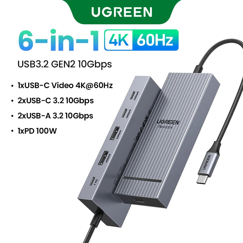 UGREEN USB-C Video Port USB-C HUB 4K60Hz USB3.2 Gen2 10Gbps USB-A&C Data Ports PD100W Charging for Laptop MacBook iPad Pro Dock