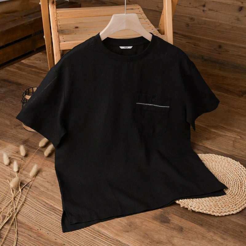 Linen Blend Short Sleeve T-Shirt – Loose Fit Crewneck with Chest Pocket, Lightweight & Cooling for Summer