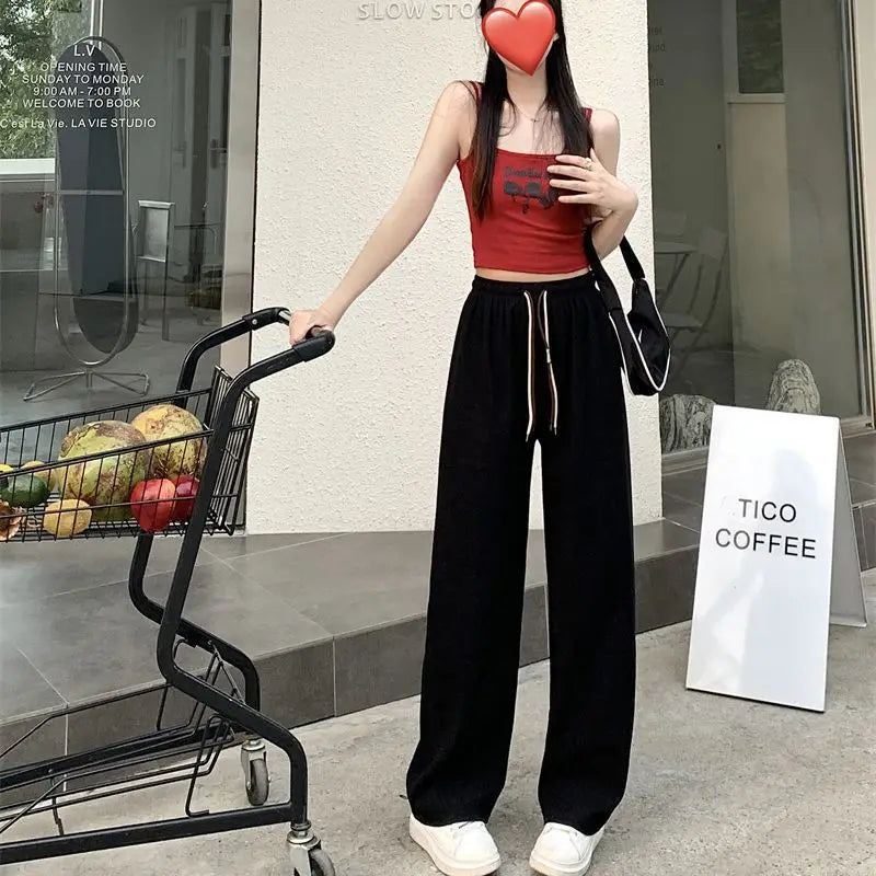 ខោជើងវែងចង្កេះខ្ពស់ Corduroy ខោជើងវែងរលុងសម្រាប់នារី ខោគេងយប់ម៉ូដ ខោស្លៀកក្រៅ ខោជើងវែង