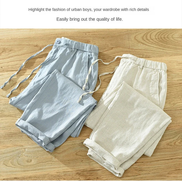 Spring Summer New Men Pure Linen Breathable Straight Pants Drawstring Fit Casual Ankle-length Trousers CMC1632