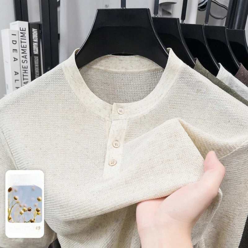 Breathable Men's Linen Blend Short Sleeve Henley - Tencel Ribbed Knit | Summer Casual Solid Color Tee