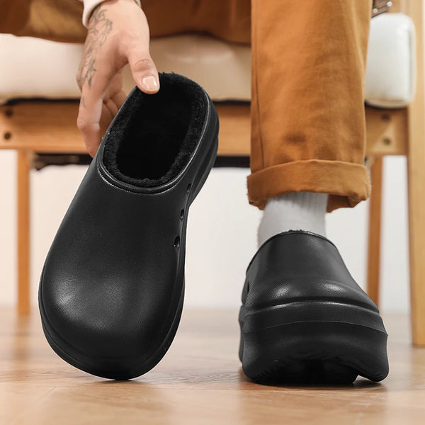 Men Women's Thick Sole Cotton Slippers Winter Warm Plus Velvet Slippers Waterproof Non-Slip Light Hotel Chef Kitchen Work Shoes