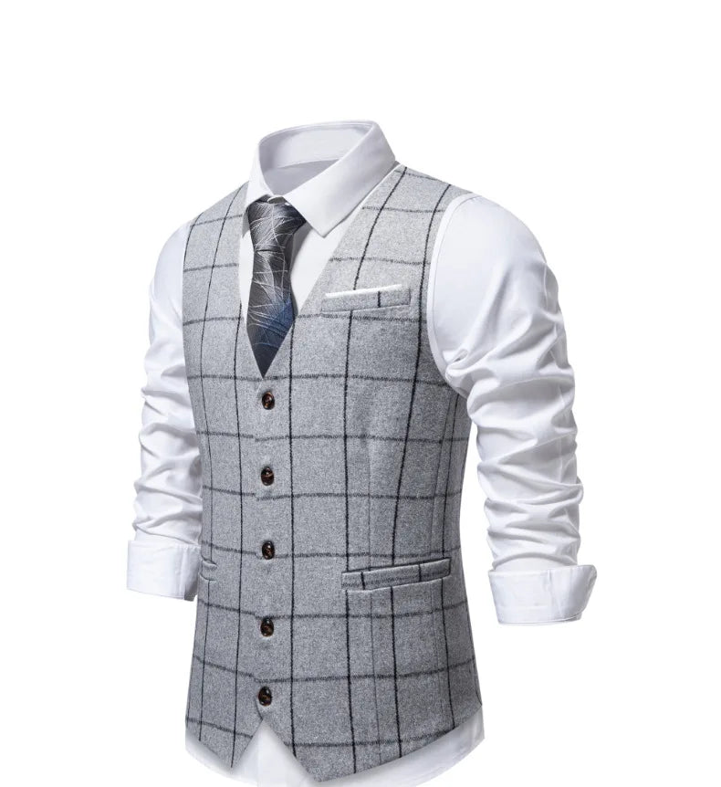 Men's Black Suit Vest; White Checkered Single-breasted V-neck Sleeveless Vests; European Sizes.