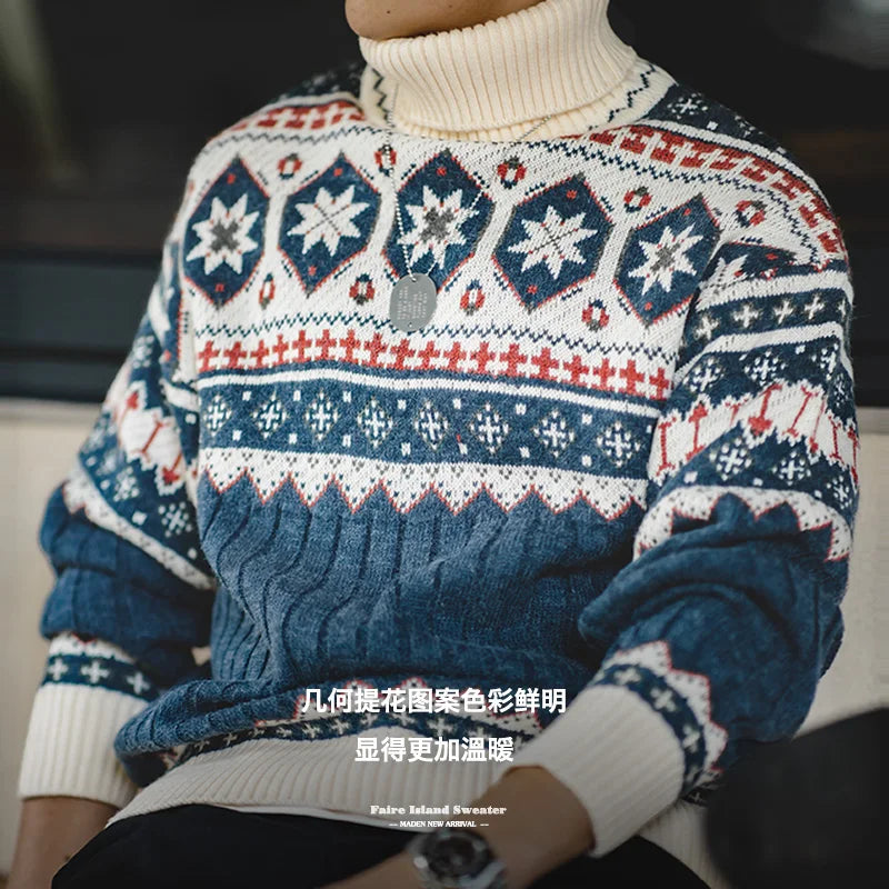 អាវយឺត Maden Vintage Fair Isle ប៉ាក់ពីក្រណាត់ក្តៅសម្រាប់បុណ្យណូអែល អាវយឺតក Turtleneck ប៉ាក់ពីក្រណាត់ក្តៅបែប Barn សម្រាប់រដូវរងារបស់បុរស