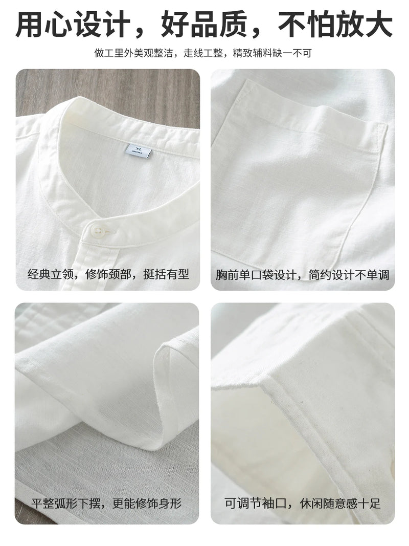 DUKEEN Men's White Band Collar Cotton Linen Blend Long Sleeve Shirt Autumn Casual Breathable Basic High-Quality Men's Clothing