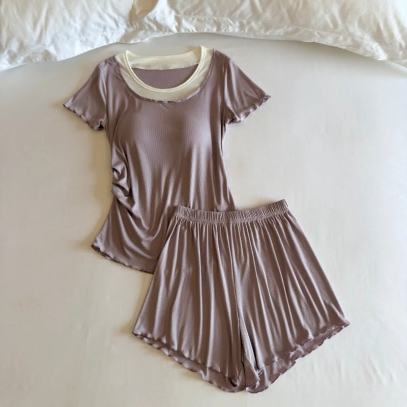 New Women's Summer Pajamas Set Chest Pads Home Clothes Thin Short Sleeve Top Shorts 2 Piece Loungewear Sleepwear Suit Pijama