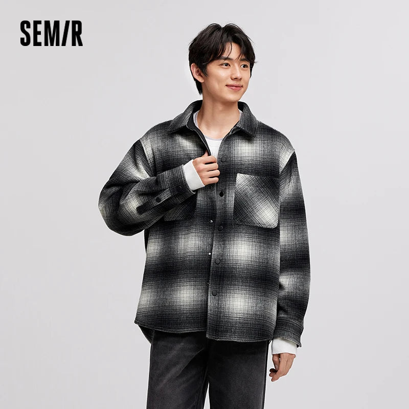 Semir Woolen Coat Men 2024 New Winter Fleece Classic Plaid Jacket Retro Versatile