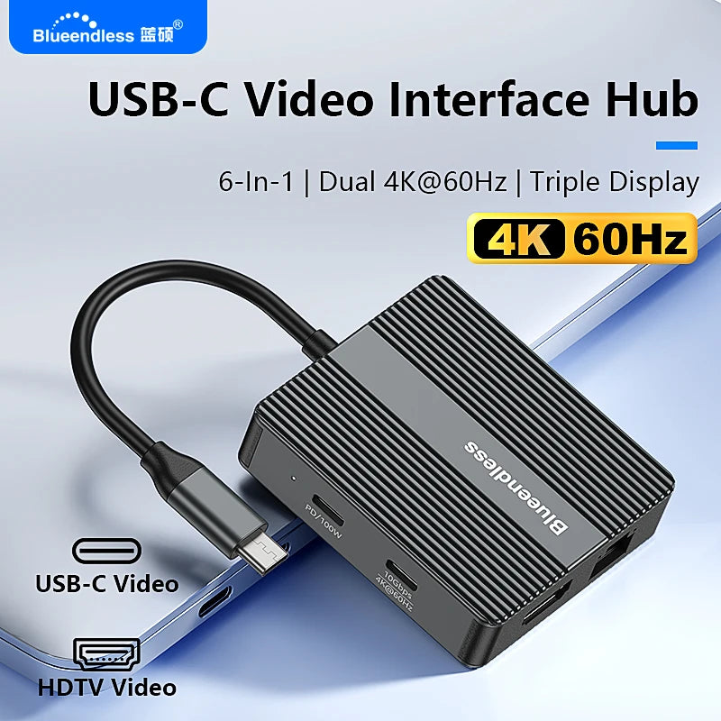 ស្ថានីយ៍ចត USB C 6-in-1 Blueendless 4K60Hz HDTV Gigabit Ethernet PD100W 10Gbps USB3.2 ប្រភេទ C Hub អាដាប់ទ័រសម្រាប់កុំព្យូទ័រយួរដៃ MacBook