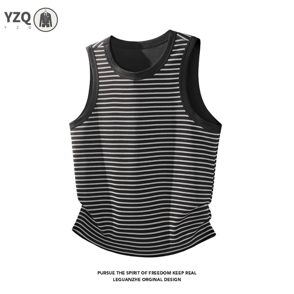 Male Slim Striped Sleeveless Knit Tank Top Crew Neck Comfort Breath Undershirt For Fitness Activities And Everyday Casual Look