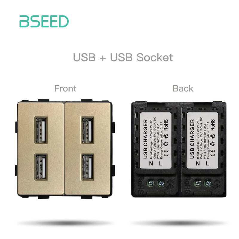 BSEED DIY Modules EU Glass Panel Double USB Socket Internet CAT5 RJ45 ST TV Power Socket Wall-Mounted Free Combination