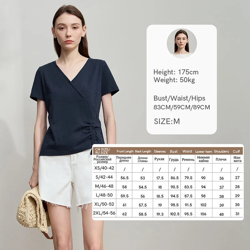 AMII Women's Minimalist Cotton T-Shirt 2026 Fashion Casual V-Neck Drawn Fold Short SleeveTee Tops Comfort Daily T-Shirt 12522163