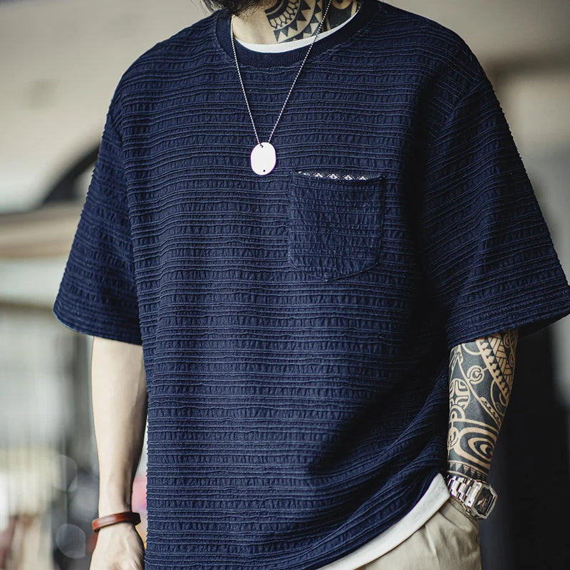 អាវយឺត Maden ប៉ាក់បែប Retro Jacquard ពណ៌ខៀវសមុទ្រ ជាមួយនឹងវាយនភាពរលក អាវយឺតកមូលដៃខ្លីរលុង សម្រាប់អាវរដូវក្តៅបុរស