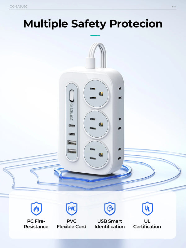 ORICO Power Strip with 6 Sockets 2 USB 2 Type C Multi-Size Extension Cord (1250W/10A) for Home, Outdoor, Travel Sockets