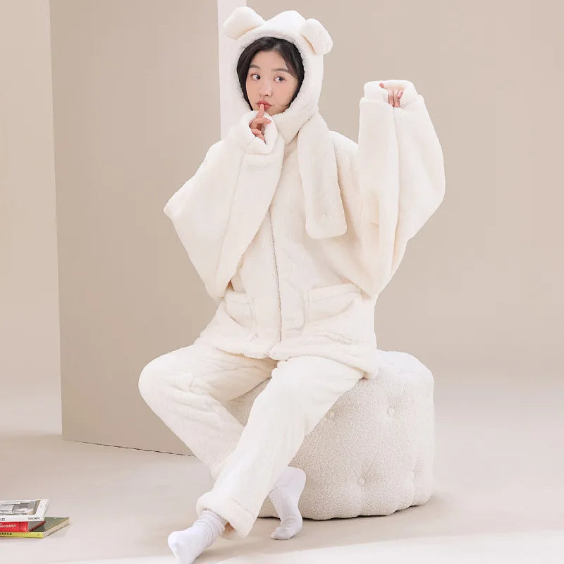 Warm Sleepwear For Winter Pajamas Thicken Flannel Coral Fleece Women's Pajamas Set Hooded Cartoon Cute Nightwear Home Clothes