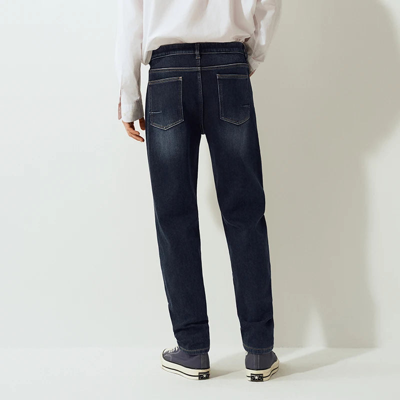 Semir Men Jeans Fleece Lined Stretch Tapered Fit Whisker Distressed Wash 2026 Vintage Warm Urban Casual Denim PantsSemir Men Jea