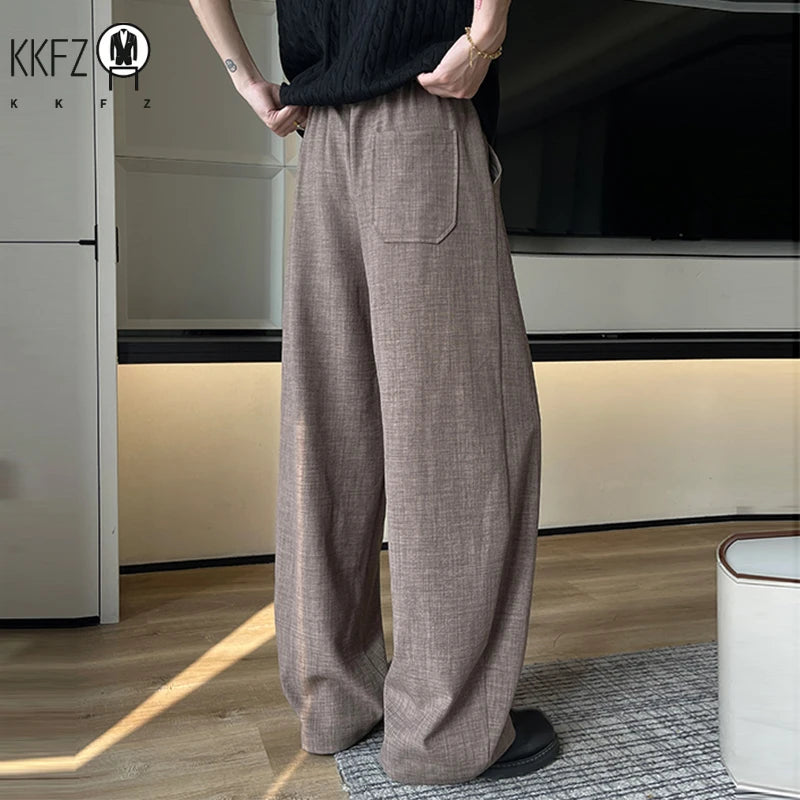 Breathable Linen Texture Wide Leg Trousers Men Elastic Drawstring Waist Side Pockets Versatile Everyday Summer Streetwear