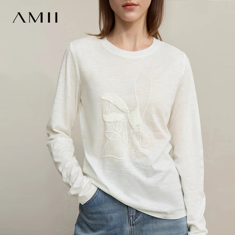 អាវយឺត Amii ឆ្នាំ២០២៦ រដូវស្លឹកឈើជ្រុះថ្មី កអាវ O-Neck បោះពុម្ព mercerized ឬស្សី-joint អាវដៃវែងកប្បាសទាំងអស់ សម្រាប់ស្ត្រី 12621015
