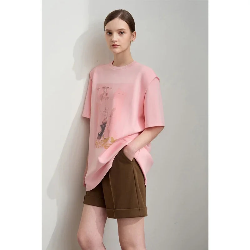 អាវយឺត AMII Minimalist សម្រាប់នារី រដូវស្លឹកឈើជ្រុះ ឆ្នាំ២០២៦ ថ្មី កអាវធម្មតា បោះពុម្ពសិល្បៈ ស្មាធំទូលាយ រលុង ដៃខ្លី ប្រវែងមធ្យម 12521003
