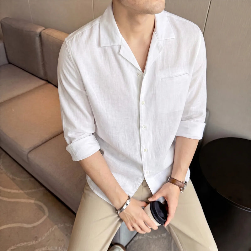 Men's 100% Linen Long Sleeve Shirt – Premium Cuban Collar, Lightweight & Breathable