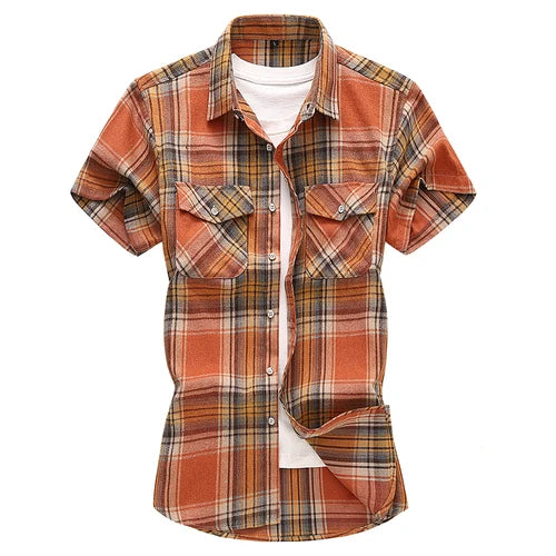 Men Red Striped Plaid Short-sleeved Shirt, Single-breasted Square Collar Cotton Shirts Summer Fashion Casual Camisa Men Chemise
