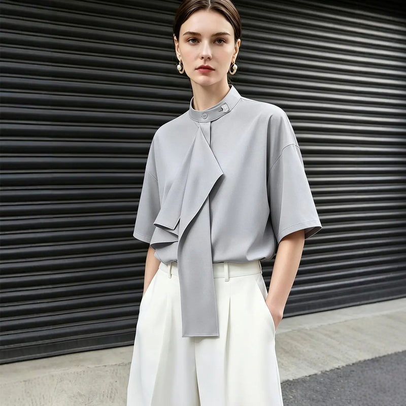 Amii Women Shirt 2026 Summer New Stand Collar Tie Drop Shoulder Short Sleeves Blouse French Style Elegant Chiffon Top 12642105