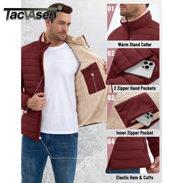 TACVASEN Men's Puffer Jacket Winter Warm Sherpa Lined Water Resistant Windproof Insulated Jacket Winter Puffy Coat Hiking Travel