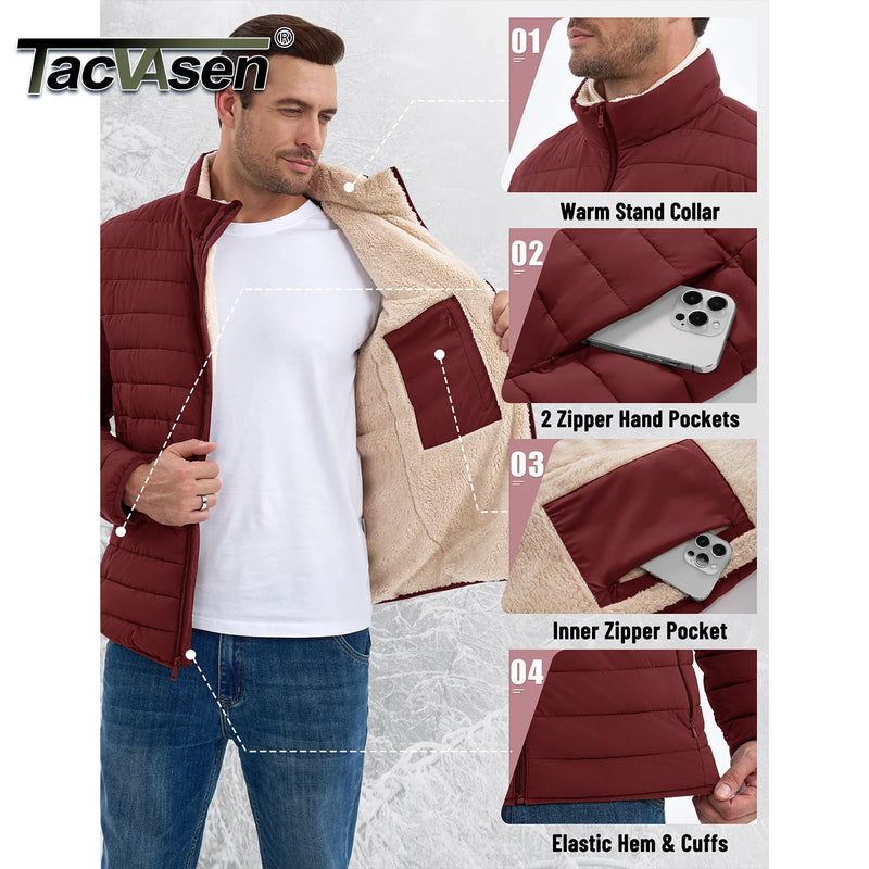 TACVASEN Men's Puffer Jacket Winter Warm Sherpa Lined Water Resistant Windproof Insulated Jacket Winter Puffy Coat Hiking Travel