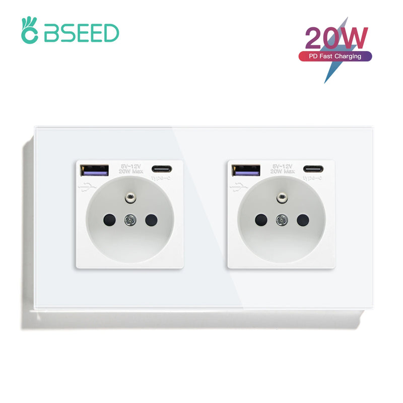 BSEED French Standard 20W Fast Charge Port Wall Power Socket Double France USB Type-C Electrical Outlets Crystal Glass Frame 16A