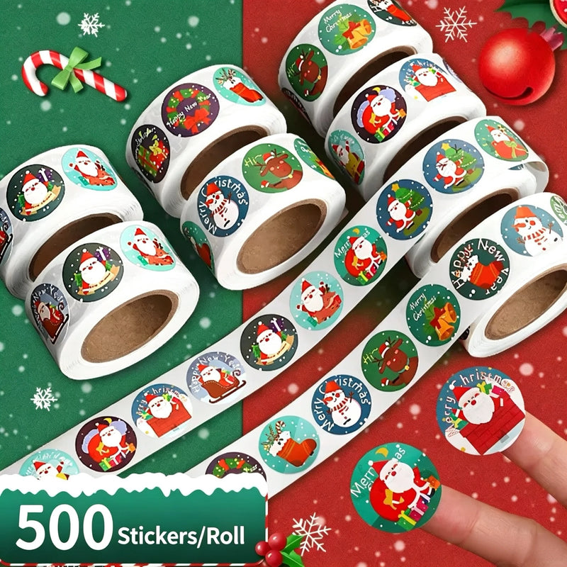 500pcs Christmas Sticker Theme Christmas Eve Gift Packaging Paper Round Sealing Stickers Roll Pack Children's Reward Stickers