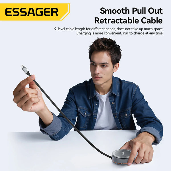 ឆ្នាំងសាកឥតខ្សែ Essager 15W 3 ក្នុង 1 ជាមួយខ្សែប្រភេទ C ដែលអាចដកបានប្រវែង 96 សង់ទីម៉ែត្រ សម្រាប់ iPhone 16 15 14 13 Pro Max Airpods នាឡិកា