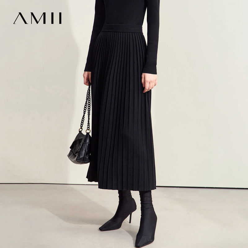 Amii Women's A-Line Pleated Midi Skirt Elastic Waist Loose Fit Knit Casual Commuter Minimalist Autumn 2026 Women Skirts 12623156