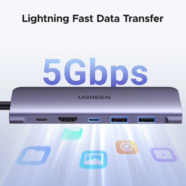 UGREEN USB C HUB 7 in 1 Dock 4K HDMI 100W PD USB-C & 2xUSB-A 5Gbps Data Ports SD/TF Card Reader for Laptop MacBook Pro/Air Dell