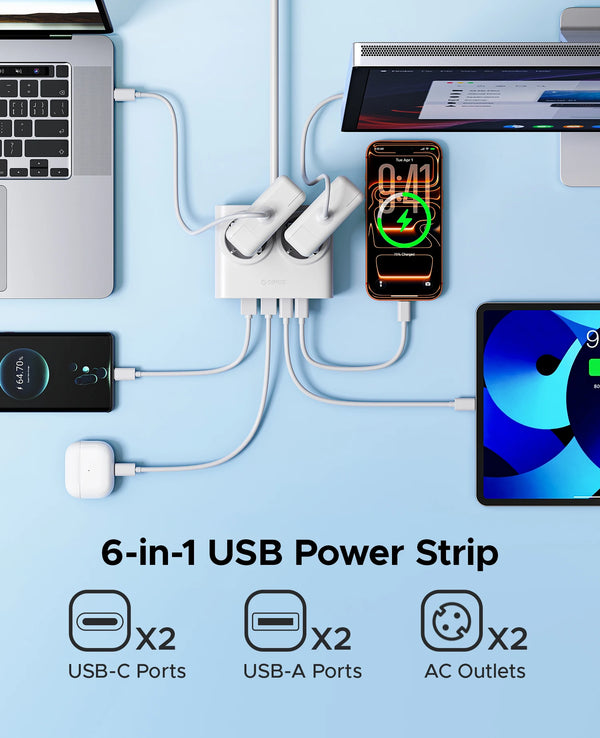 ORICO PD15W Desktop Power Strip with 2 Type-C Port 2 AC Outlets 2 USB-A Ports Charging Station for Phones And Electronics